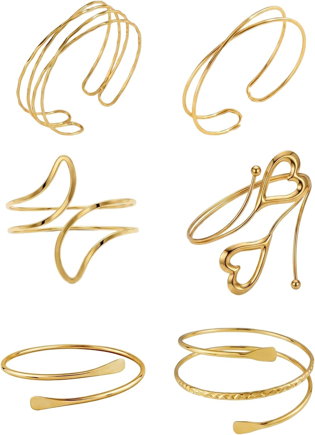 6 Pcs Arm Cuff Jewelry for Women, Minimalist Gold Coil Upper Arm Armband Set Metal Simple Open Armlet for Party