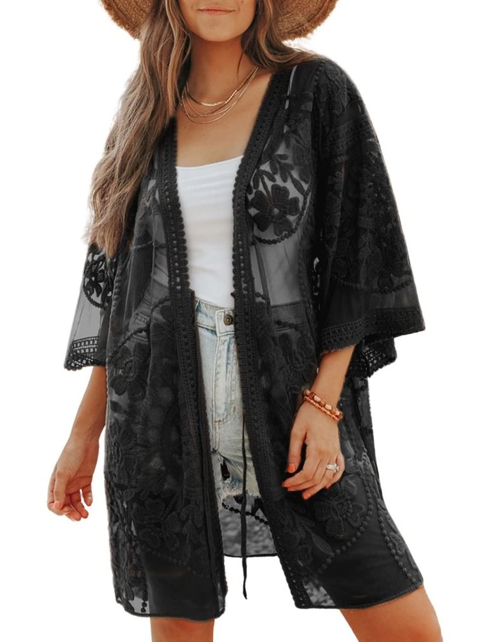 Bsubseach Mujeres Sexy Encaje Crochet Frente Abierto Traje de baño Beach Long Kimono Cover Ups