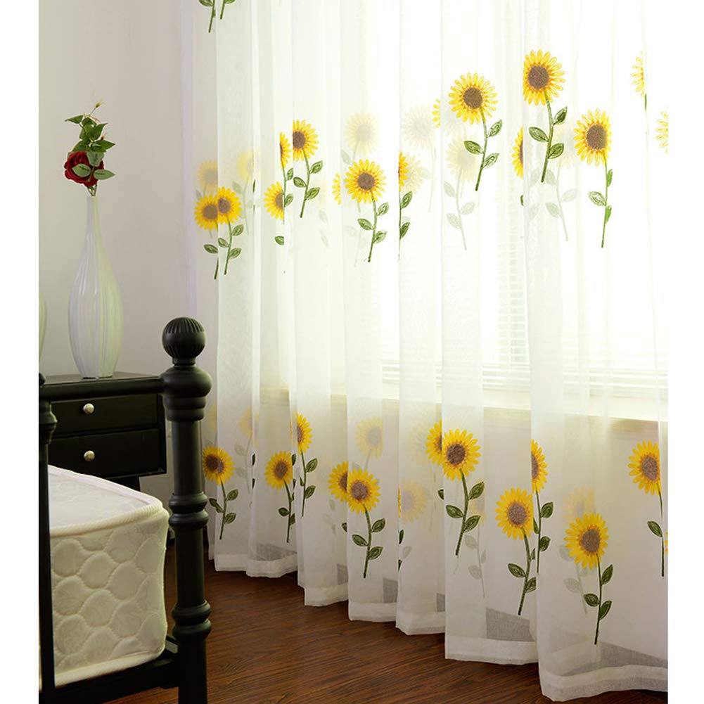 CURTAIN Cortinas para la habitación del bebé Cuarto de los niños Cortina translúcida para Armario Cocina Cuarto Bordado Girasol Estilo Fresco Cortina de Ventana Beige con Gancho (una Pieza)