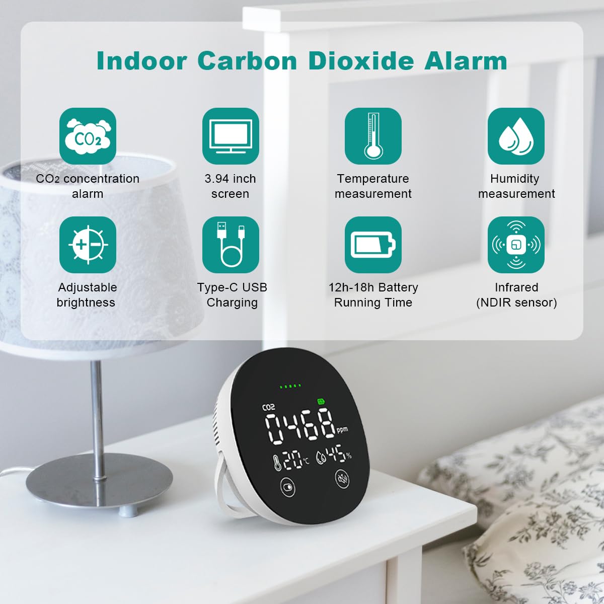 CO2 Messgerät, SPREADTRON 3 In 1 Luftqualitätsmonitor für Temperatur Feuchtigkeit CO2 Monitor mit Digitaler LCD Anzeige und Alarmanlage CO2-Messgerät 400-5000 PPM mit USB Aufladung