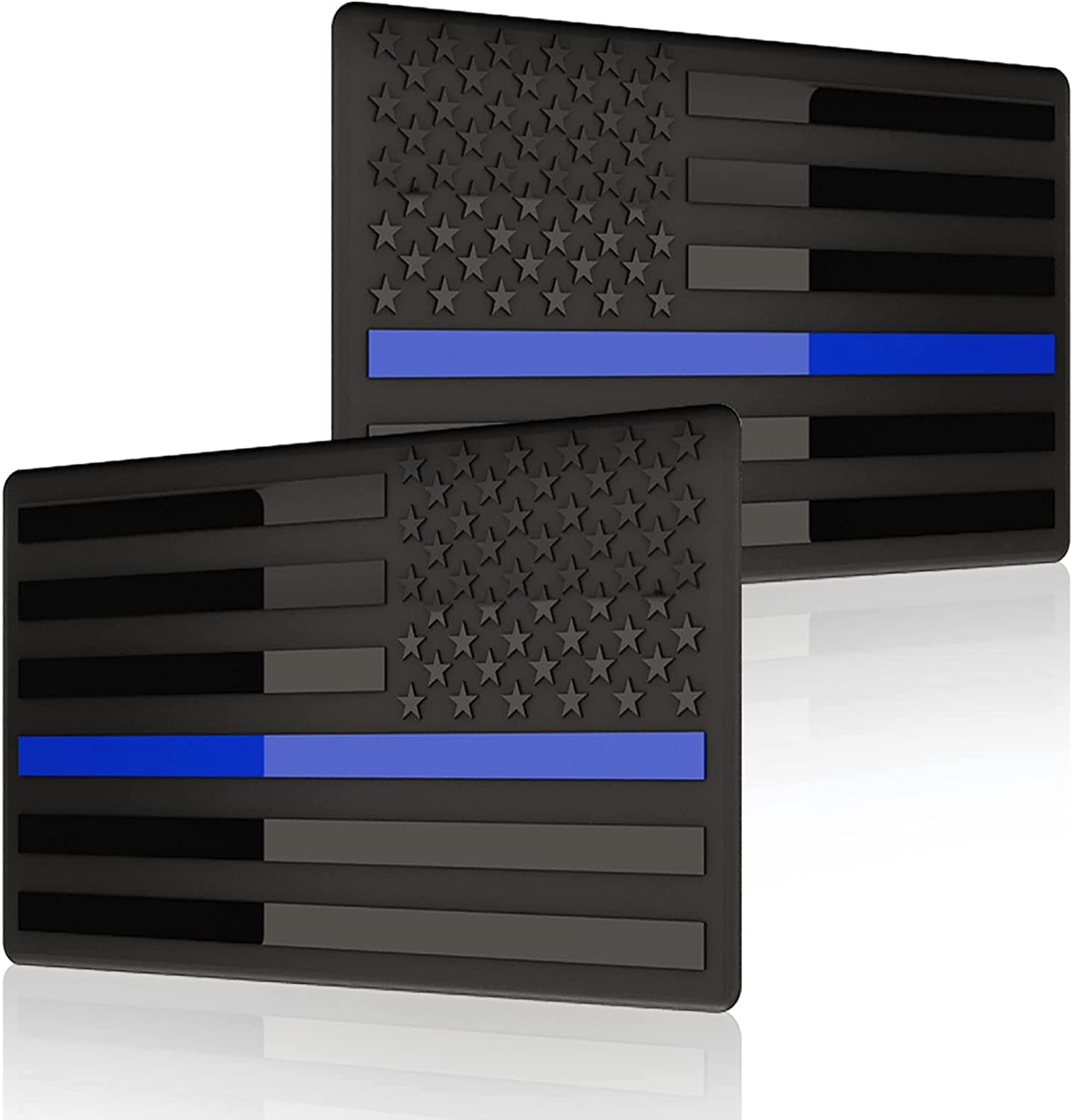 Muzzys (Set of Two) 3"x5" All Black Thin Blue LINE Embossed Left & Right American Flag Decal Emblem Sticker Badge Back The Blue United States Stick On Car Truck Window Glass Made in USA