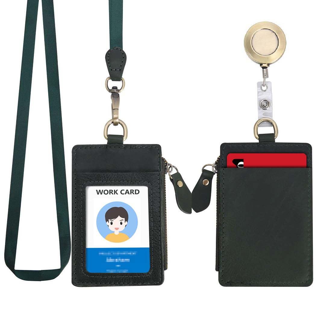 Wonderpool Leather ID Badge Holder with Zipper Wallet Pouch