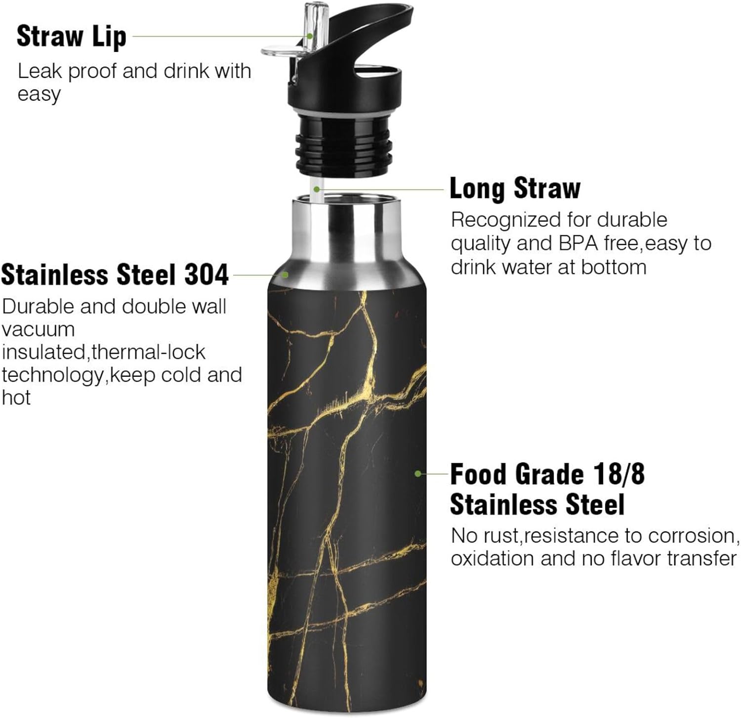 Beautiful Black And Gold Marble Texture Water Bottle Acuum Insulated Stainless Steel Leakproof Wide Mouth Kettle with Straw Lid for Fitness Gym Outdoor Sports