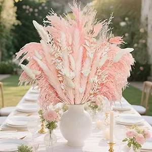 YN HI FLOWER Natural Dried Pampas Grass Bouquet Boho Wedding Home Decor Farmhouse Centerpiece in Blush Pink White & Brown (17Inche)