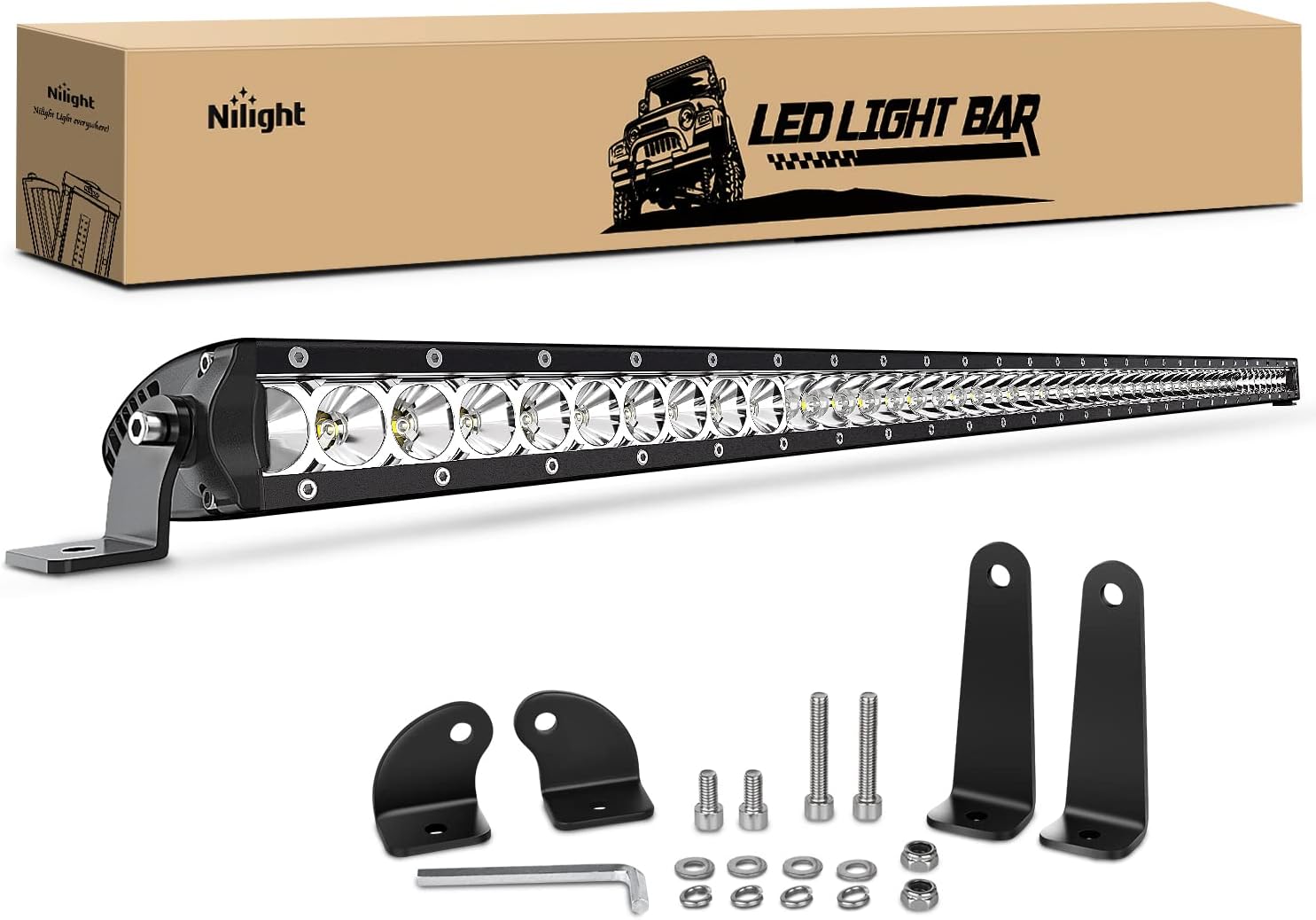 Nilight NI04-200W 1PC LED 41inch 200W Spot Flood Combo Single Row 19000LM Off Road 3D Fog Driving Roof Bumper Light Bars for Jeep Ford Trucks Boat, Black