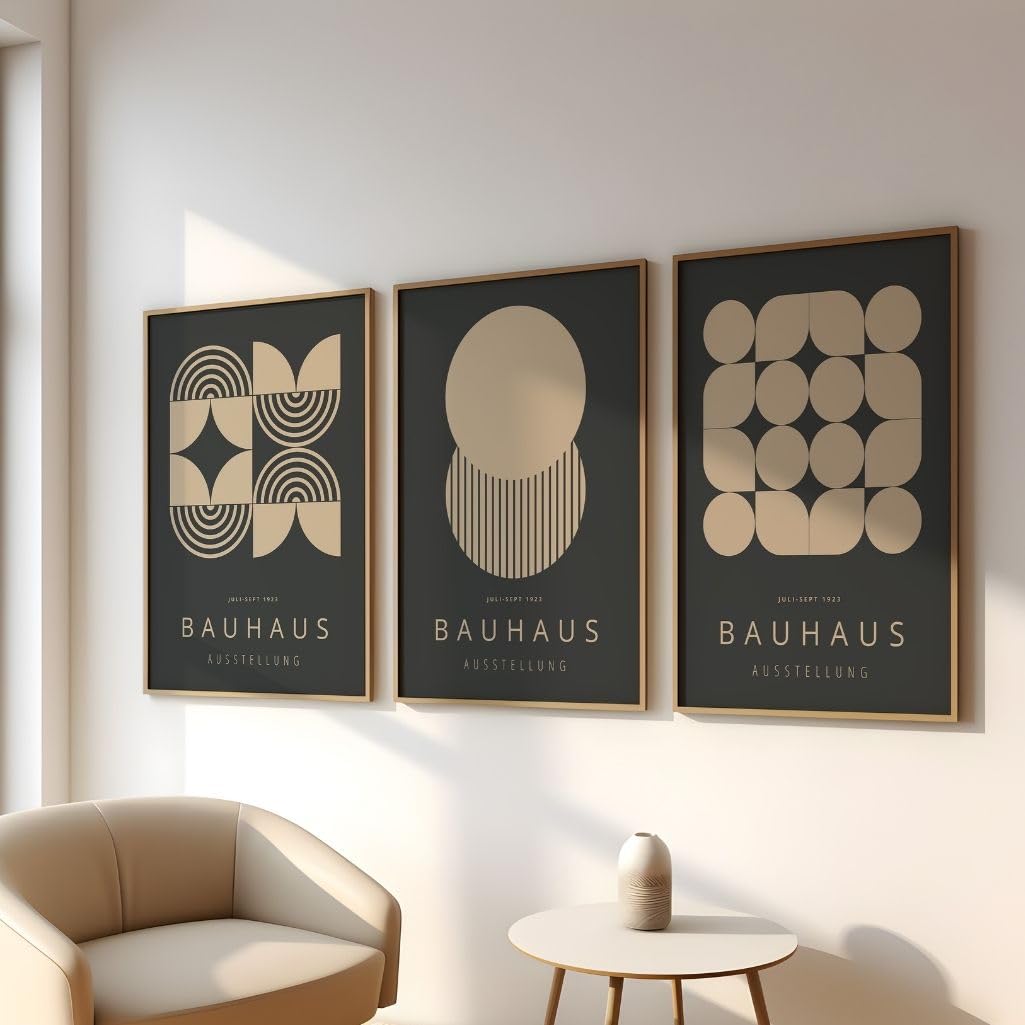 ARTINSPIRIO Bauhaus Ausstellung Poster-Set, 3 Stück, Geometrisches Design, Neutrale Farben, Ohne Rahmen, Wanddekoration (A2)