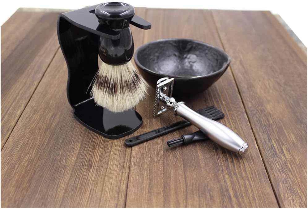 Luxury Wet Shaving kit Heavy Duty Double Edge Safety Razor Black Ceramic Shaving Bowl Acrylic Stand Bristle Shaving Brush + 10 Premium Blades Gift Set for Men w/Cleaning Brush & Bag
