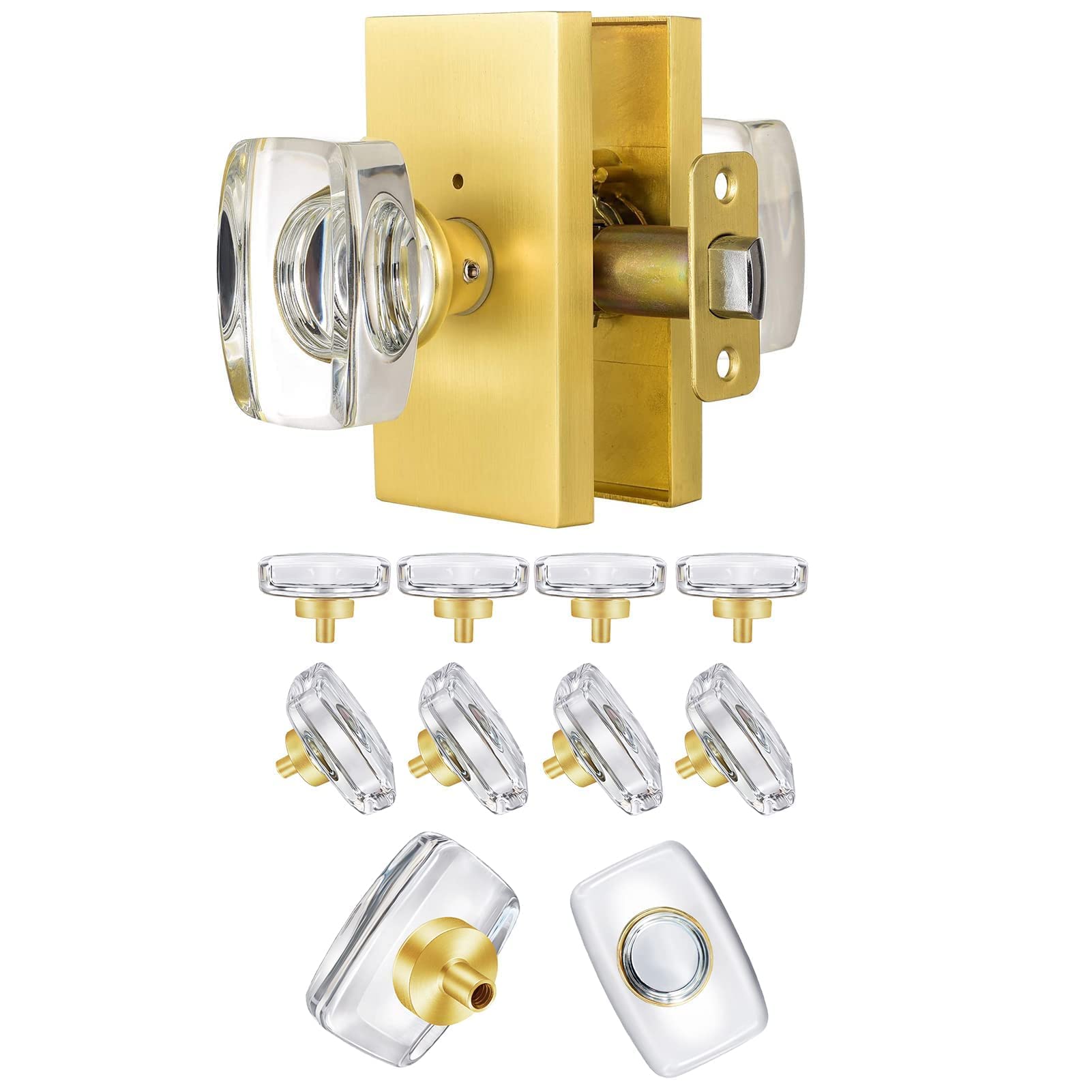HIEMEY 1 Pack Privacy Glass Door Knob with Lock + 8PCS Crystal Cabinet Knobs, Clear Crystal Knob Rectangle