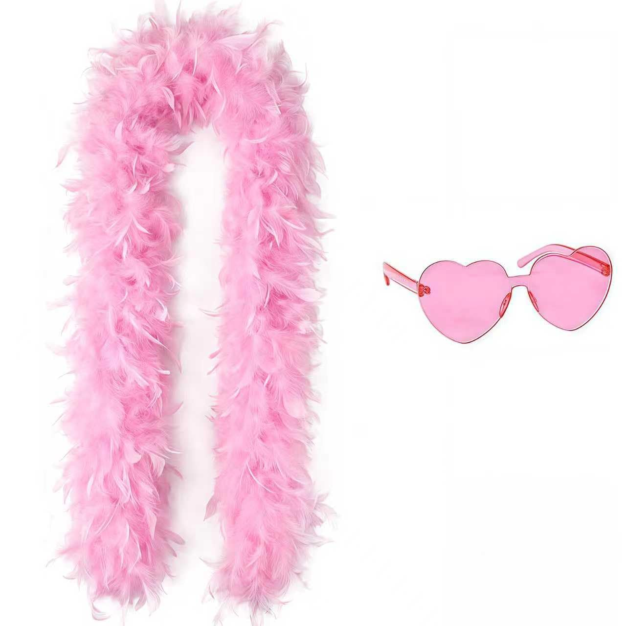 Moorlan Pink Feather Boa 2m with Heart Rimless Sunglasses, Soft Turkey Feather Scarf for Women Perfect for Dancing Wedding