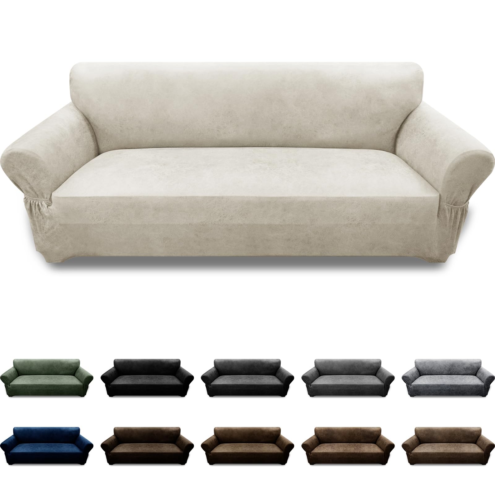 Pfrstuv Couch Cover Leather Look 3 Seater Couch Sofa Cover 1-Piece Sofa Slipcover Stretch Furniture Protector with Elastic Bottom & Pockets(Sofa,