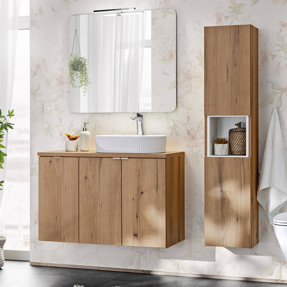 [en.casa] Mobile a Colonna Pensile da Bagno NEWPORT Armadio da Parete con 2 Ante Reversibili 2 Ripiani e Scomparto Aperto 140x30x25 cm - Effetto Rovere Coast Evoke