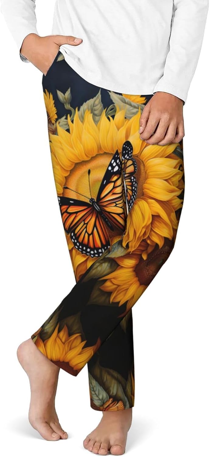 Sunflower Butterfly Print Comfortable Pajama Pants,Teenagers Pajama Pants,For Both Lounging At Home And Outings