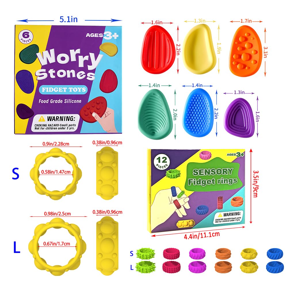 6Pcs Sensory Stone And 12 Pack Sensory Spinner Rings, Fidget Toy, Autism Toys, Silent Fidget Toys - Image 2