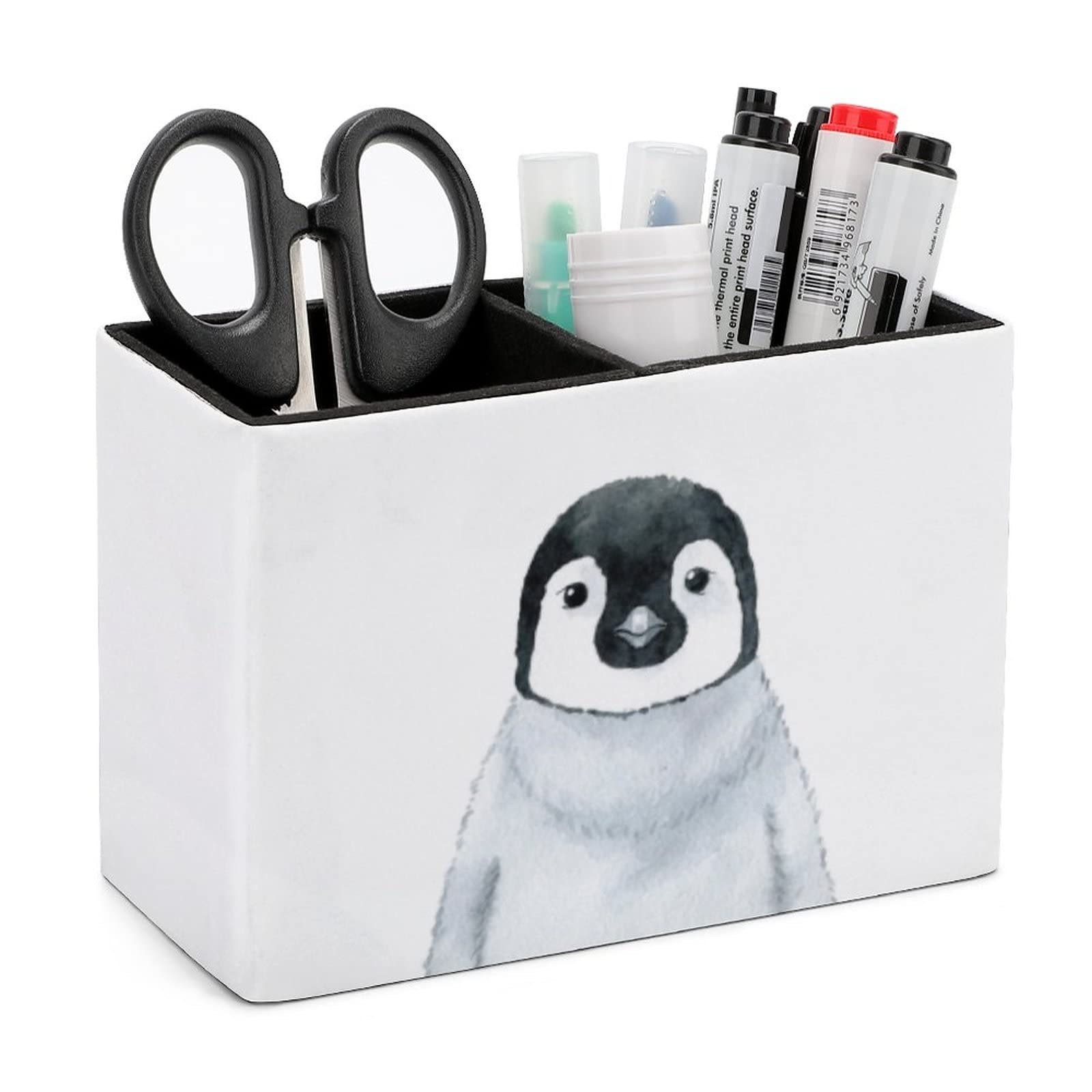 Pencil Holder for Desk, Cute Penguin Pen Holder Storage Desktop Pen Organizer Desk Pencil Organizer Makeup Brush Holder for Office School College Leather