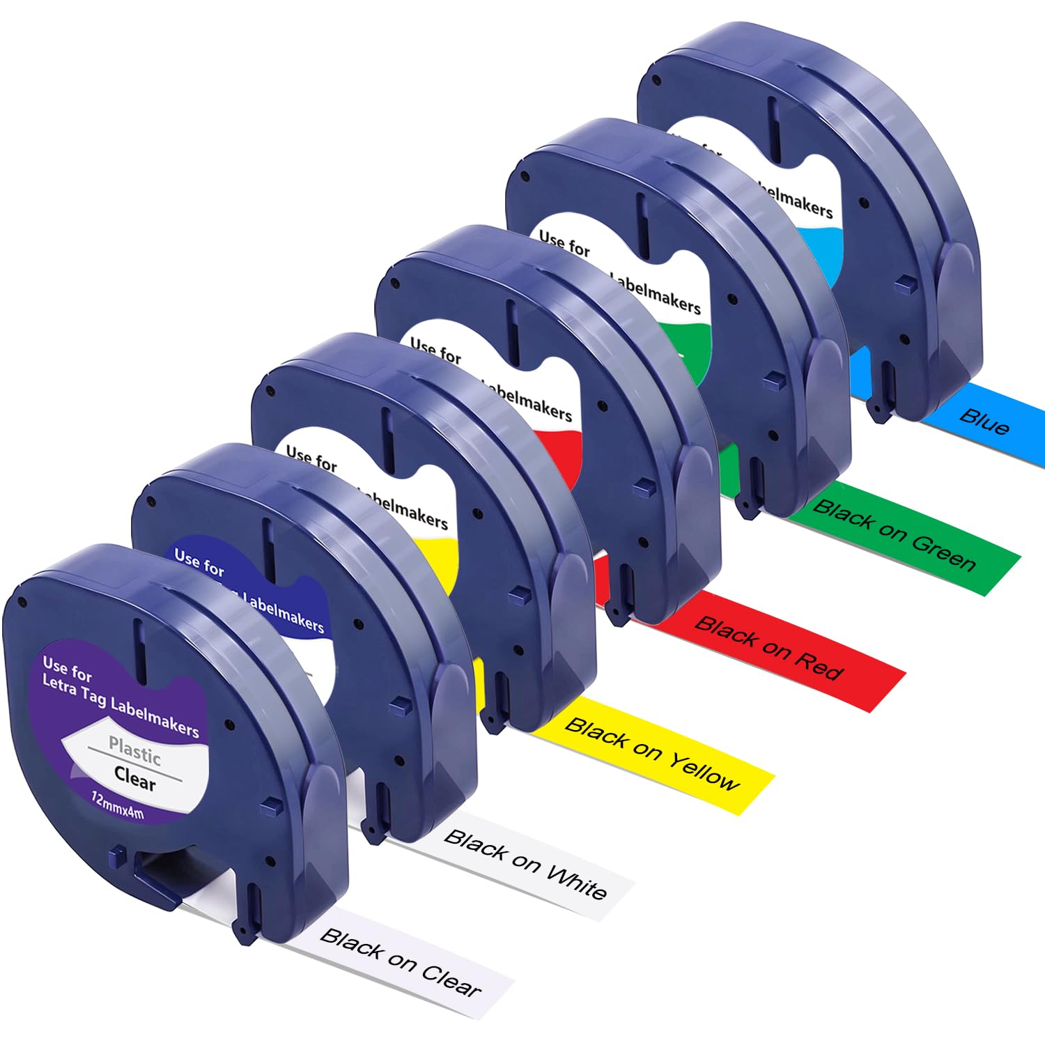 6Pack Compatible with Dymo Letratag Refills Replacement for Dymo Label Maker Refills Multi Color 12mm x 4m (1/2" x 13') Plastic Label Tape Work for Letra Tag LT-100H LT-100T Handheld Label Maker