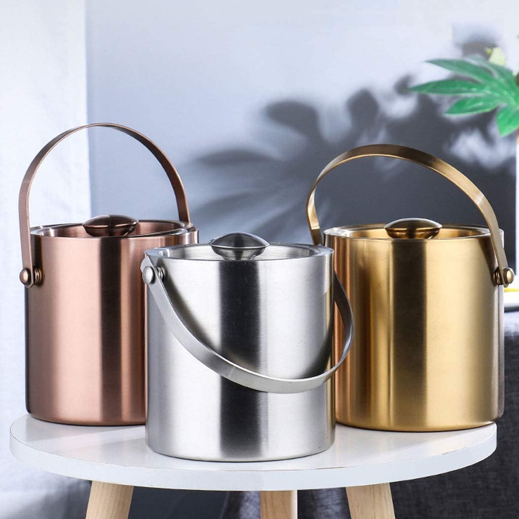 Cubo de hielo de metal, cubo de vino de acero inoxidable con doble aislamiento térmico y tapa, ideal para uso en champán y bar, capacidad de 2 litros