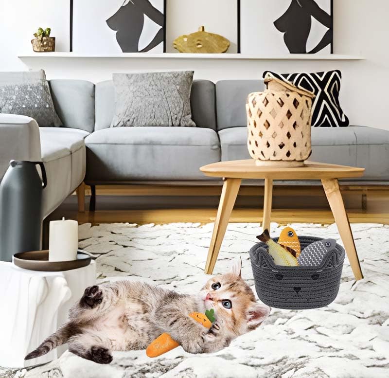 Image of Cat Shaped Basket,Cat Toys Basket Storage Organizer Cute Cartoon Cotton Rope Basket With Ear Handles Easter Basket Baby Shower Gifts For Kids 8.3 x 4.7 inches,Grey