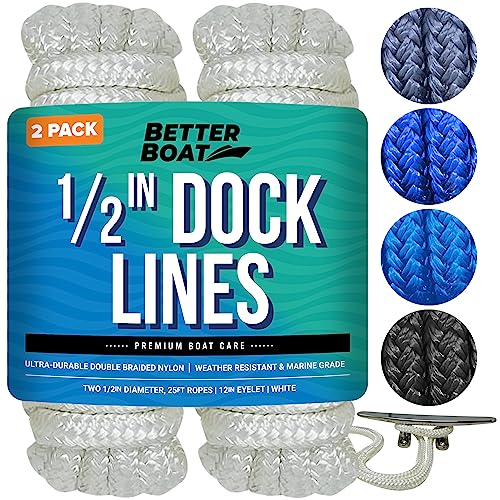 Image of Dock Lines for Boats 1 /2 inch x 25ft, 2 Pack Double Braided Nylon Boat Rope | 12 inch Loop, Marine Grade Mooring Line for Docking, White, Better Boat