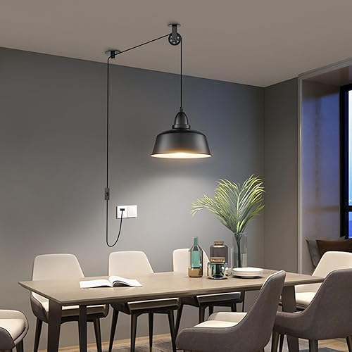 Miniatura 4 de Lámpara colgante enchufable, luces colgantes de granja con cable enchufable, lámpara colgante de polea, lámpara colgante industrial negra para isla