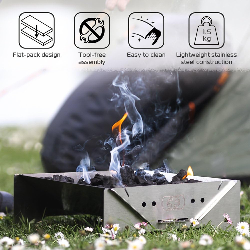 Oxford FirePit - Braciere portatile in acciaio inox con custodia per il trasporto, design leggero e piatto, per campeggio, spiaggia, viaggi, escursionismo, barbecue, base rialzata, facile da montare