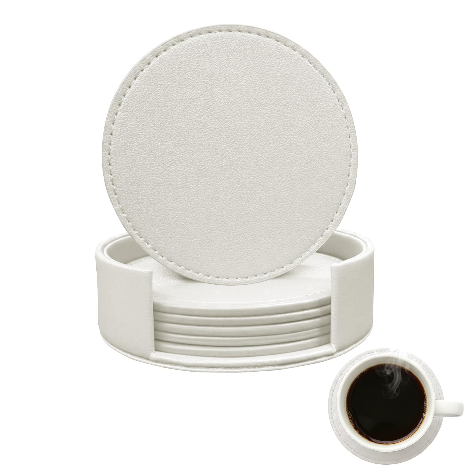 Coasters Set of 6 Soft Leather Drink Coaster Round Coaster with Sewing Around, Suitable for Various Cups, Wooden Tables, Home Decoration and Housewarming Gifts Green Navy Black (White)