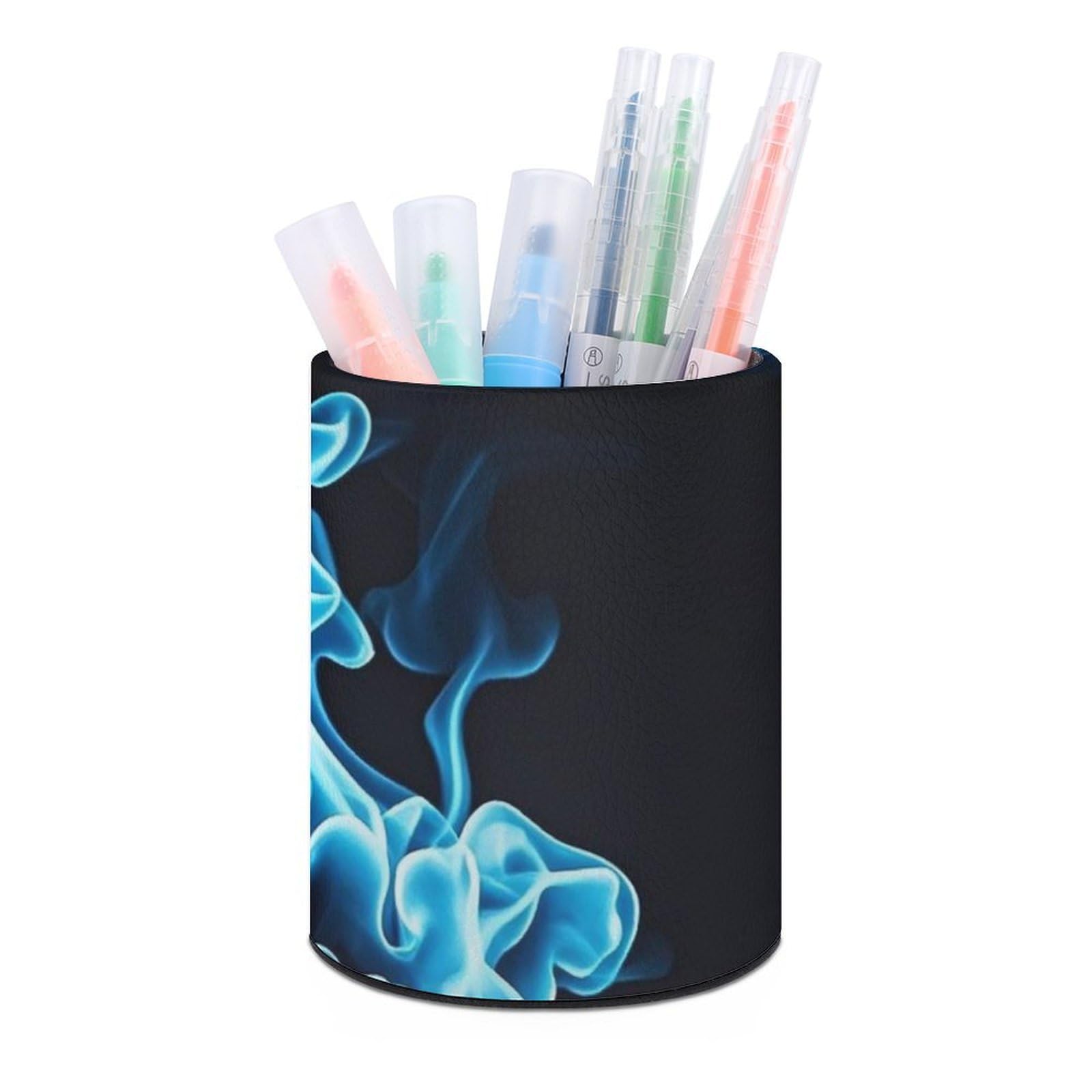 FekiLoot PU Leather Round Pen Holder Blue Flame Pencil Holder Desk Organizer Pen Organizer Pen Cup Pencil Cup Caddy Desktop Stationery Organizers for Office Home Supplies