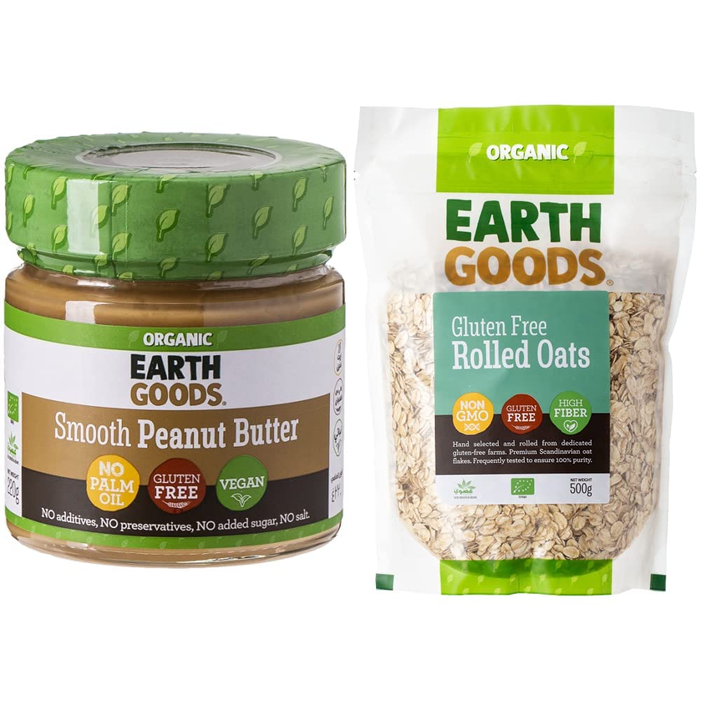 Earth Goods - Organic Smooth Peanut Butter, 220g & Organic Oat Flakes Rolled Oats, Gluten Free, 500g