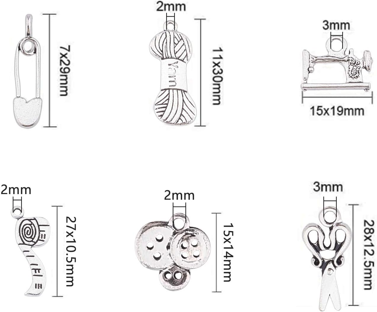 PH PandaHall 30pcs Sewing Knitting Themed Tibetan Style Alloy Charms Pendants, Scissor, Pipe, Safety Pin, Yarn Clew, Button - Image 3