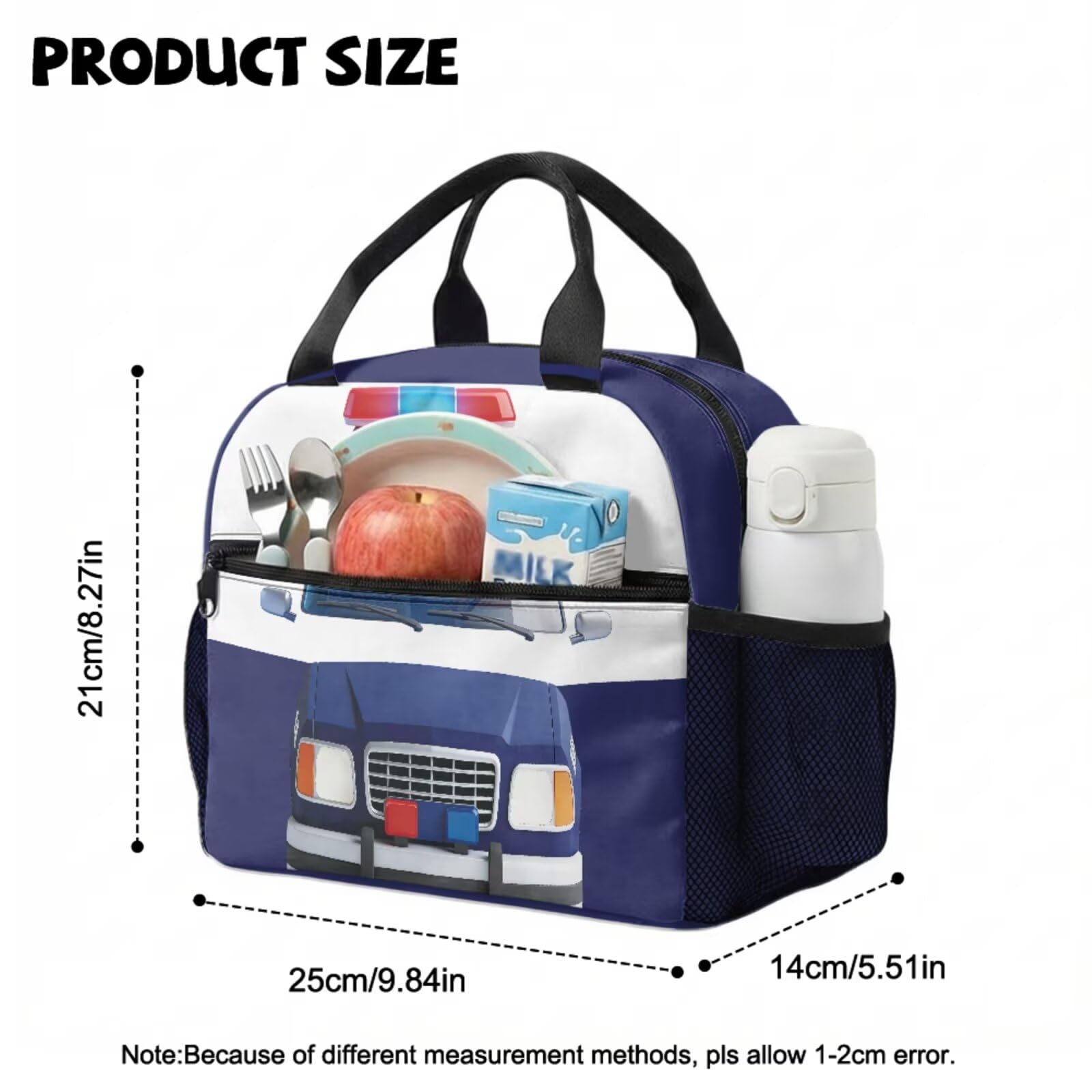 COEQINE Ensemble sac à dos et boîte à déjeuner pour enfants Sac à dos personnalisé sur le thème de la voiture pour tout-petits garçons de 4 à 10 ans, cartable maternelle, Voiture de police bleu blanc