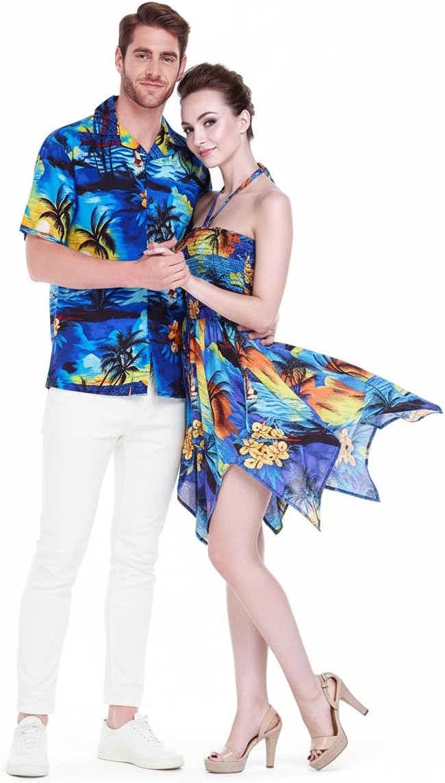 Matchable Couple Hawaiian Luau Shirt or Fairy Dress in Sunset Blue