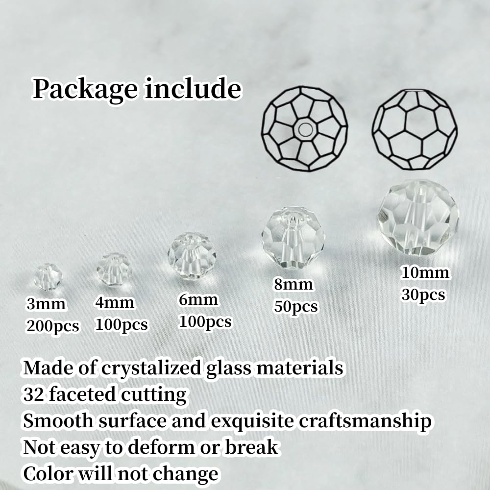 480 perline rotonde sfaccettate in vetro cristallo, 3 mm, 4 mm, 6 mm, 8 mm, 10 mm, perline distanziatrici per bracciali, collane, orecchini, gioielli fai da te (trasparenti)