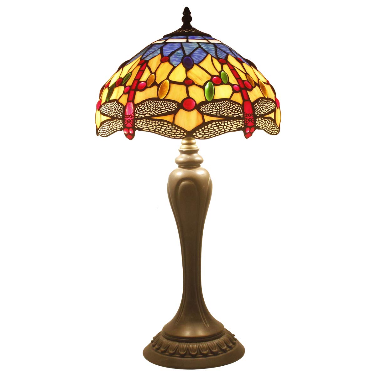 Buy Tiffany Table Lamp Orange Blue Stained Glass Dragonfly Style Shade Resin Base 22" Tall Thin