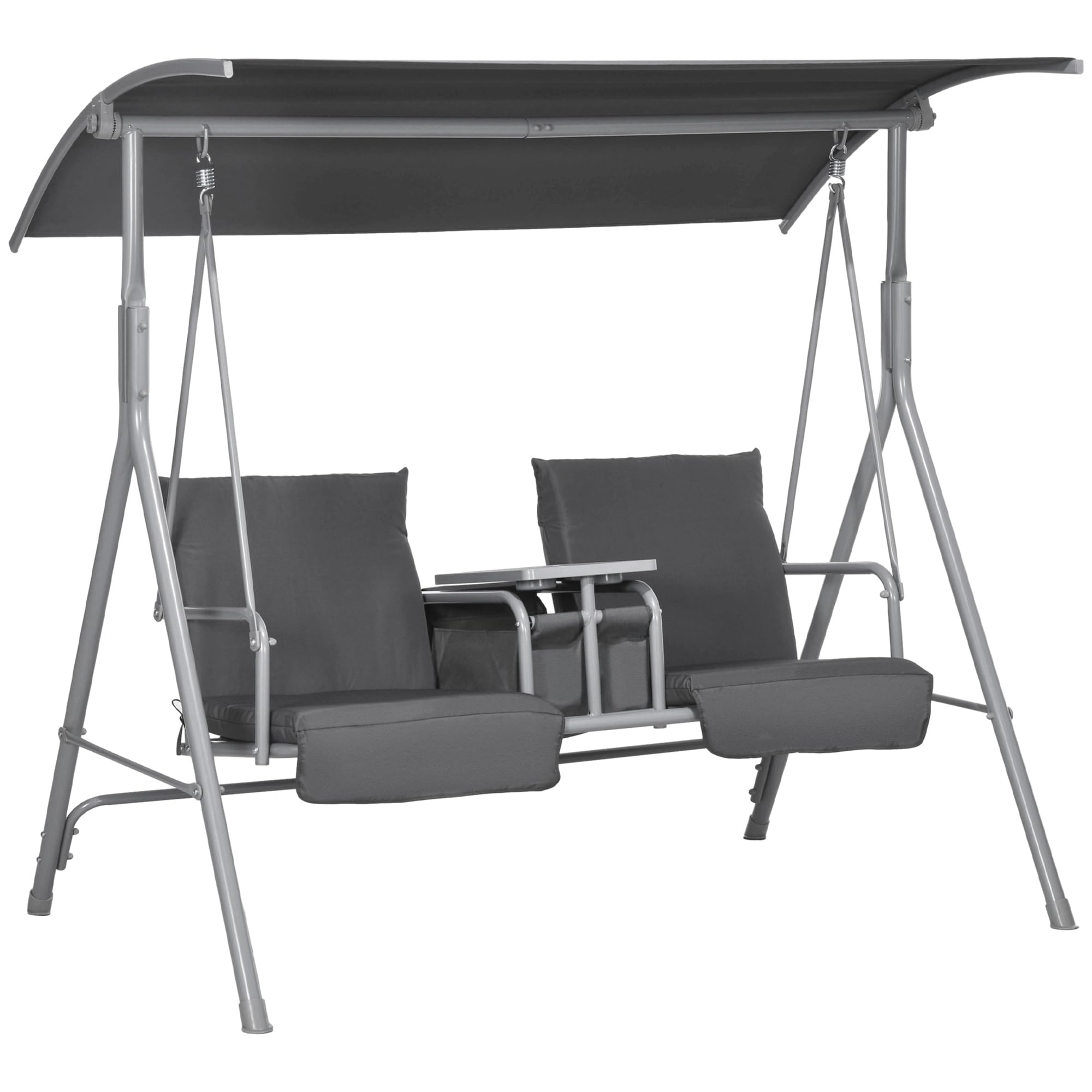 Outsunny Dondolo da Esterno con Tavolino e Portabicchieri Centrale, Dondolo 2 Posti in Metallo con Tettuccio in Poliestere, 175 x 112 x 158 cm, Grigio
