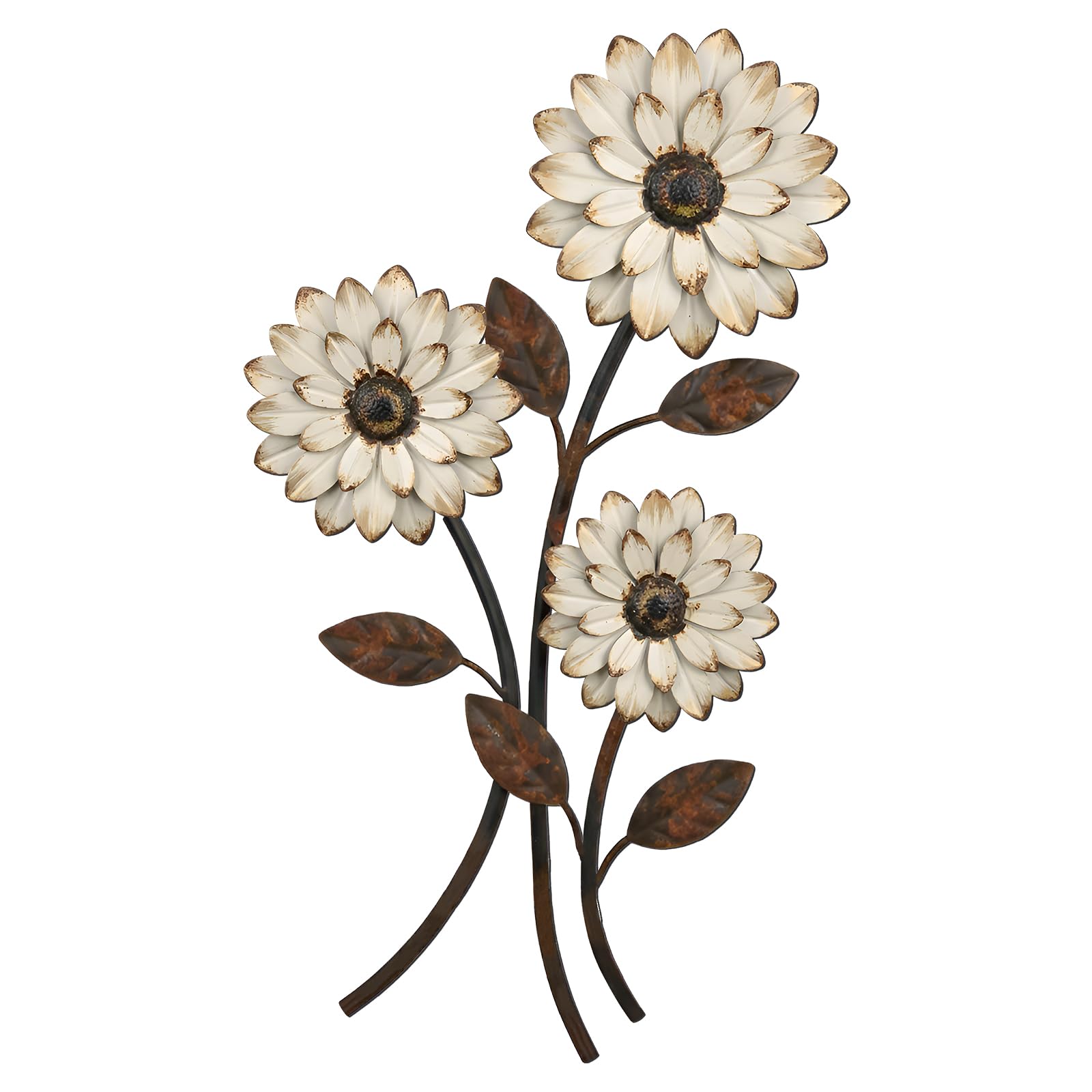 Photo 1 of Xuhal Metal Flower Wall Art, 15.75 Inch Vintage Daisy Wall Decor, Rustic Metal Floral Hanging Farmhouse Spring Leaf Sculpture for Living Room Bedroom Indoor Outdoor(White)