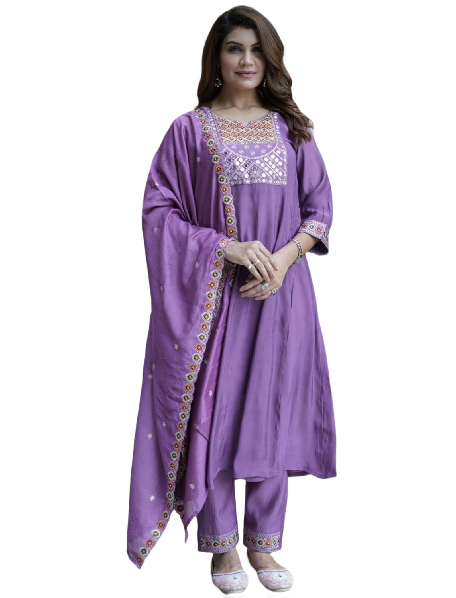 Women's Embroidered Pattern Rayon Blend Kurta Pant Dupatta Set with Round Neck 3/4 Sleeve Calf Length and Pull On Closure Type | Women Cotton Kurta Set | Women Kurtas & Kurtis-image-45