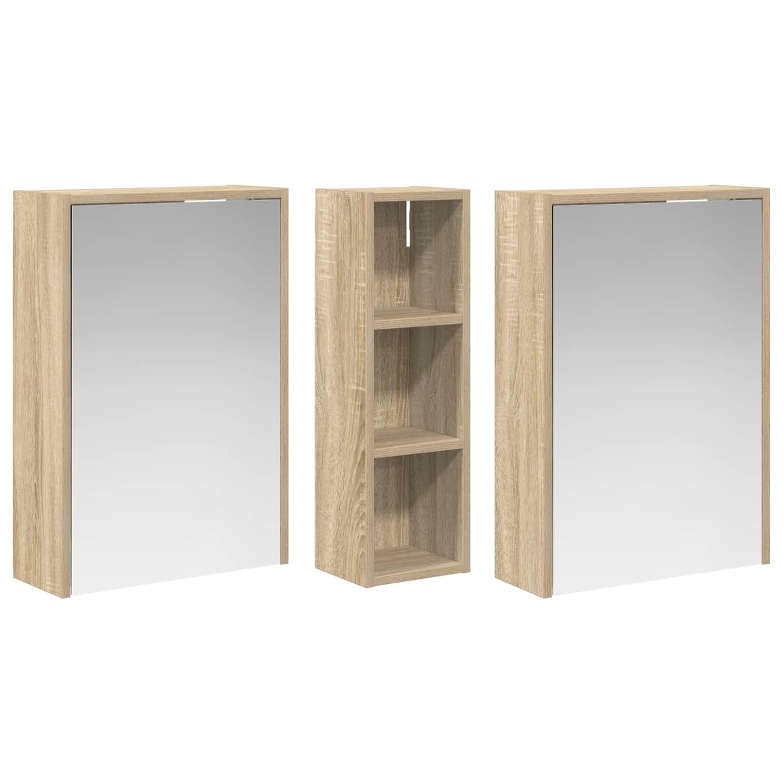 Set di 3 armadietti da bagno, in legno, 106 x 16 x 62,5 cm, con illuminazione a LED, montaggio a parete, vano portaoggetti e specchio bidirezionale, per mobili da bagno, mobiletto sottolavabo