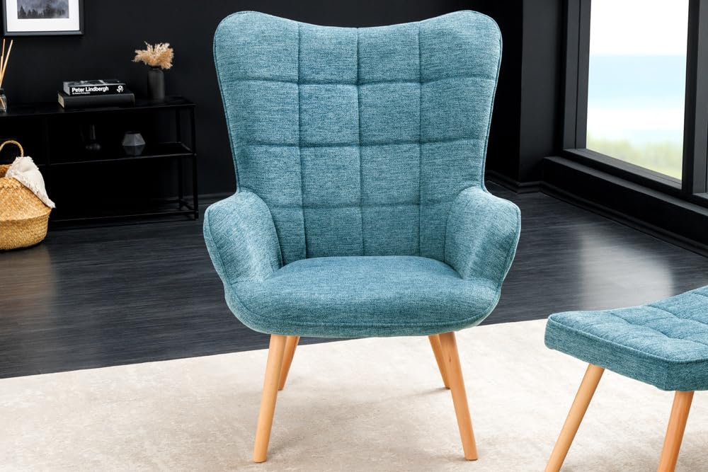 Riess Ambiente Moderner Sessel Scandinavia blau Strukturstoff Massivholz-Beine mit Armlehnen Ohrensessel Samtsessel Loungesessel TV-Sessel Wohnzimmersessel
