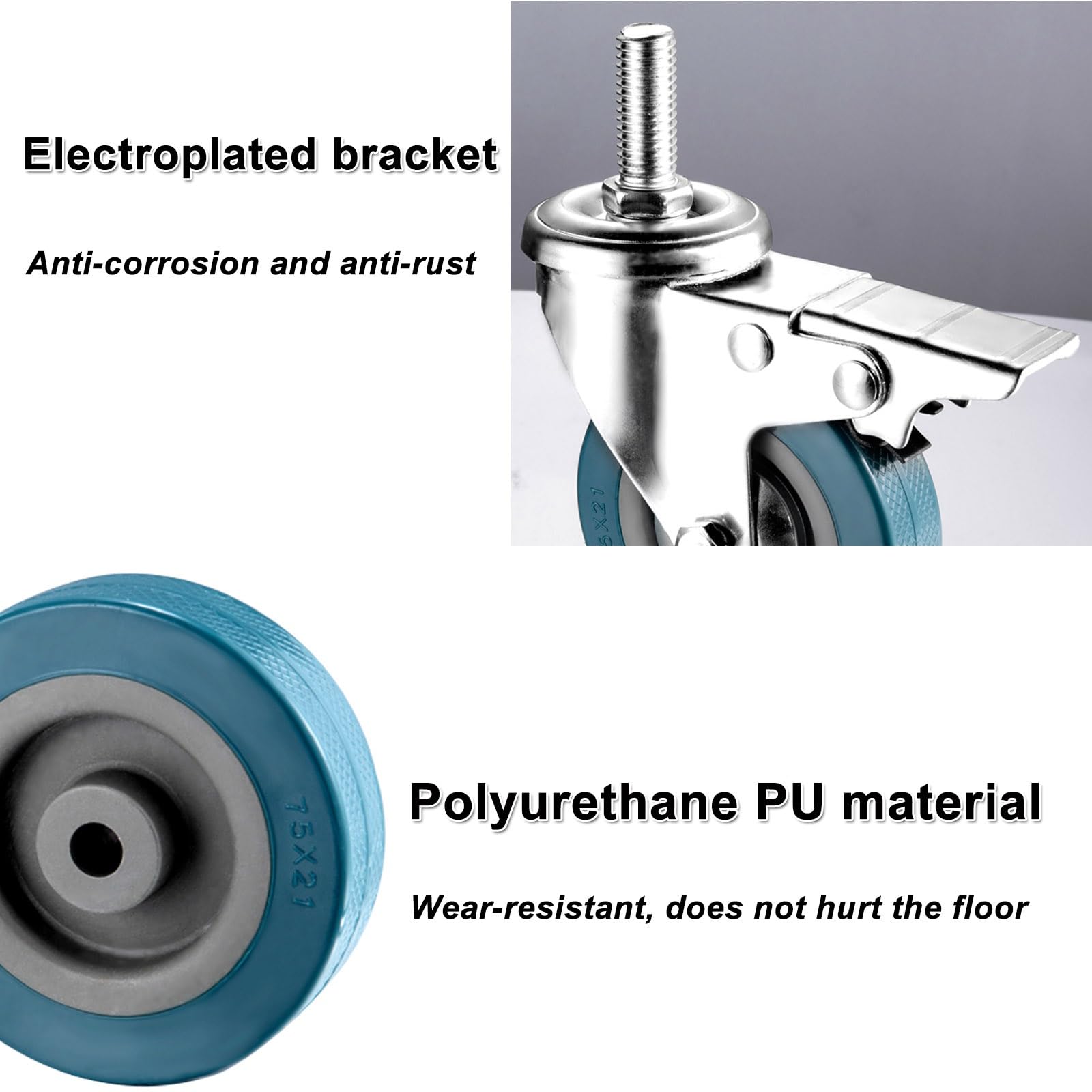 Schwerlast-Lenkrollen 65 75 mm, 4 geräuscharme Räder mit Bremse M10 M12, Tragkraft je 80 kg, verschleißfeste, feststellbare Rollen für Möbel und Werkbänke