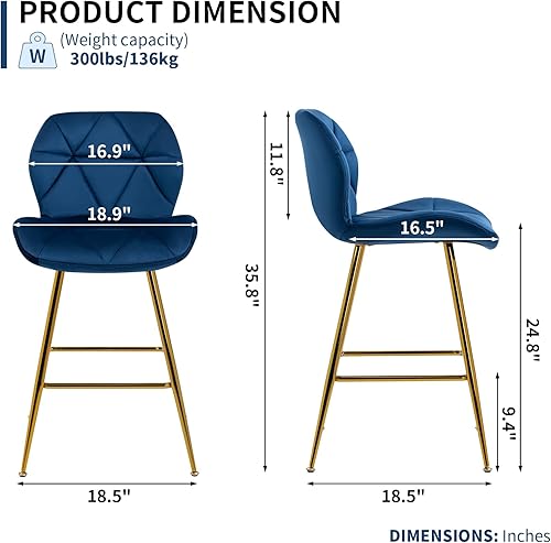 Miniatura 5 de ZJhome Juego de 4 taburetes de bar modernos de terciopelo de 24 pulgadas, taburetes de bar de altura de encimera con reposapiés y patas doradas para