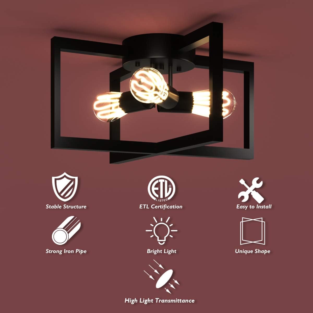 Tangkula 3-Light Flush Mount Ceiling Lamp, 15-Inch Ceiling Light Fixture, Ceiling Light with Iron Square Lamp Shade, Geometric Metal Ceiling Lamp for Kitchen Hallway Living Room Bedroom (Dark Brown)