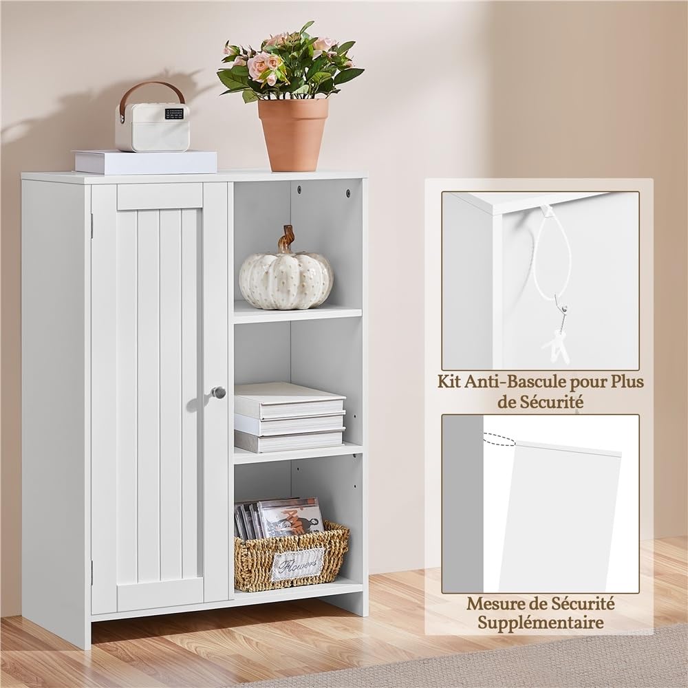 Yaheetech Salle de Bain Moderne avec Porte Unique 56 cm×30 cm×81 cm, Blanc | Meuble de Rangement avec Compartiment Ouvert et Étagères Réglables, Armoire Rangement pour Salle de Bains/Salon/Bureau