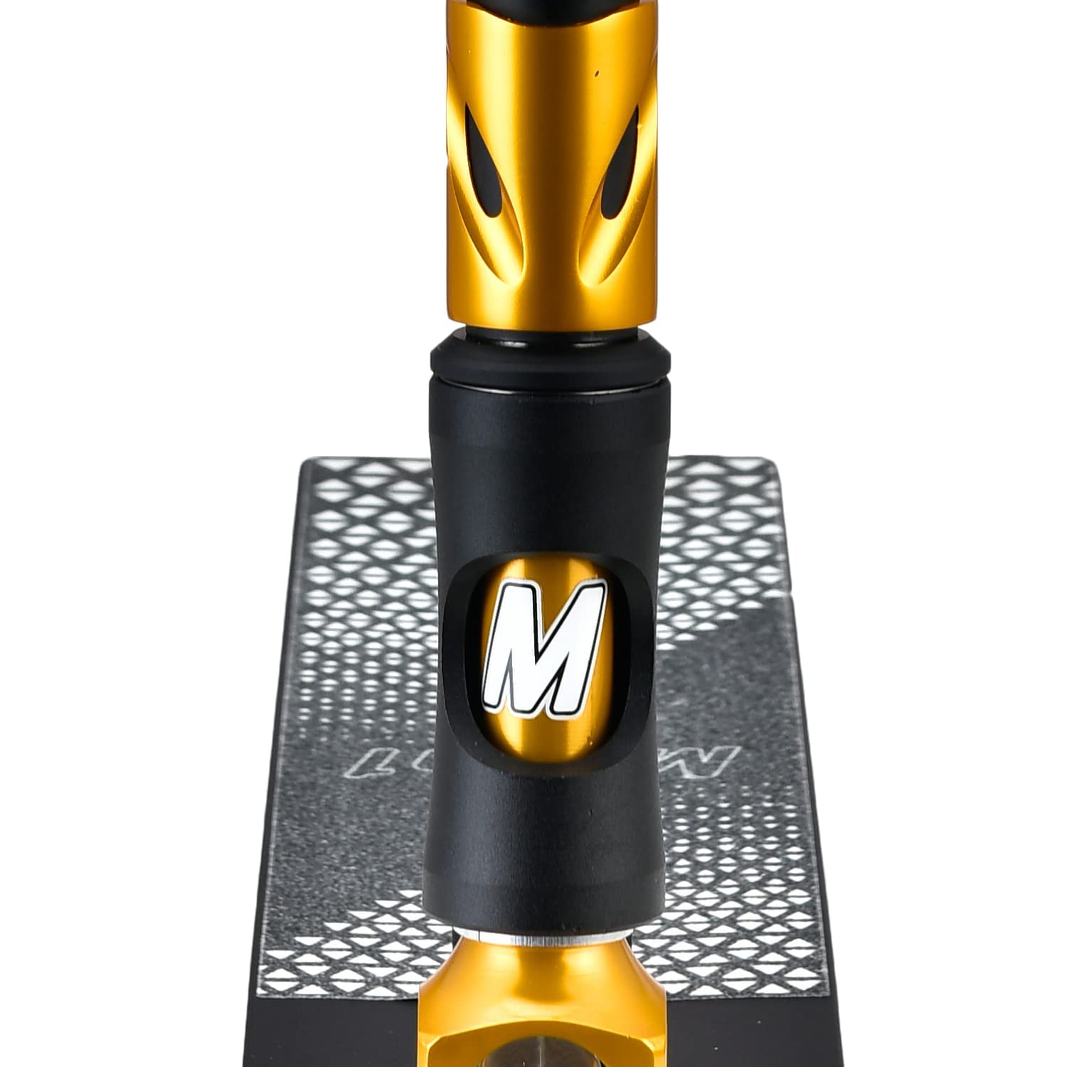 Mach1 Stunt Scooter Kierownica 360° – kółka 120 mm z aluminiowym rdzeniem i łożyskami kulkowymi ABEC 9, hulajnoga, kickscooter, Fun Stunts Trick Roller dla dzieci od 6 lat (czarno-złota z przezroczystymi kółkami)