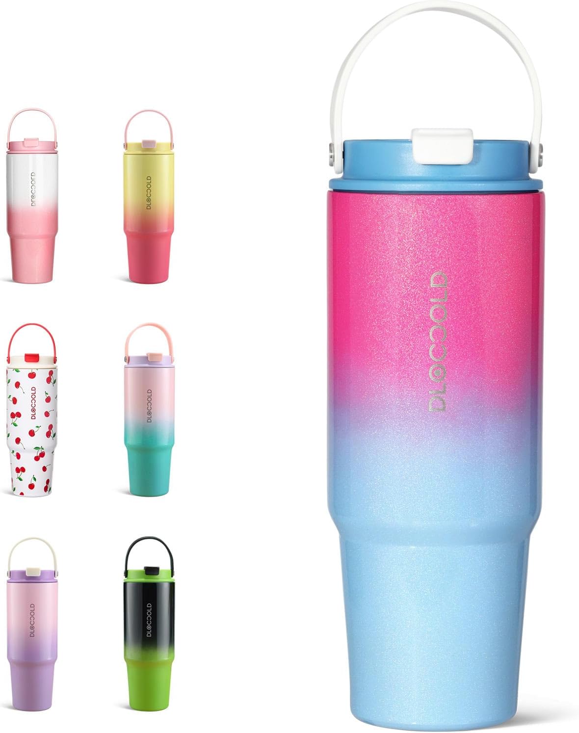 DLOCCOLD 30 oz Stainless Steel Tumbler with Straw & Handle, Insulated Double Walled Water Bottle for Home, Office, Car, Leak Proof, Reusable Cup with Flip Straw for Women Men, Cupholder Friendly