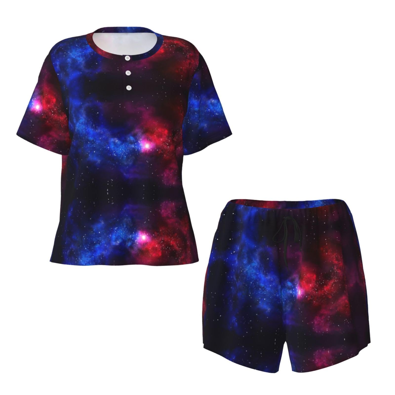 Conjunto de pijama de manga corta para mujer, pijama con estampado de galaxia roja y azul para otoño e invierno, ropa de descanso con botones, ropa casual