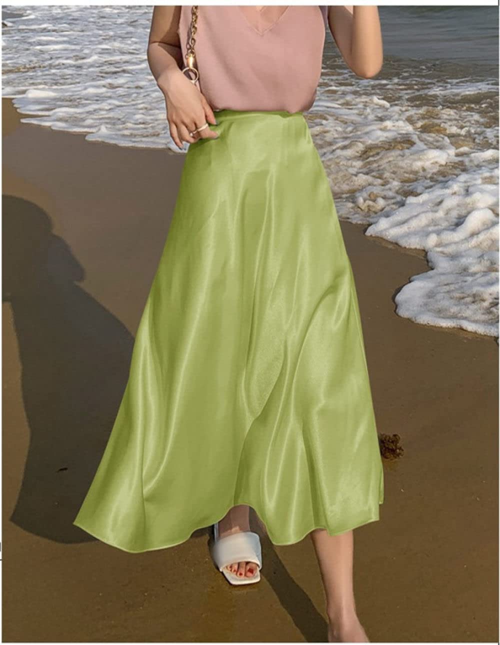 OZEO Röcke,Dünner Satin-Midirock Für Damen, Grün, Glänzend, Mit Hoher Taille, Faltenrock, Sommer, Elegant, A-Linie, Swing, Gerüscht, Fließend, Strandurlaub, Lange Röcke Für Mädchen, Damen, XXL