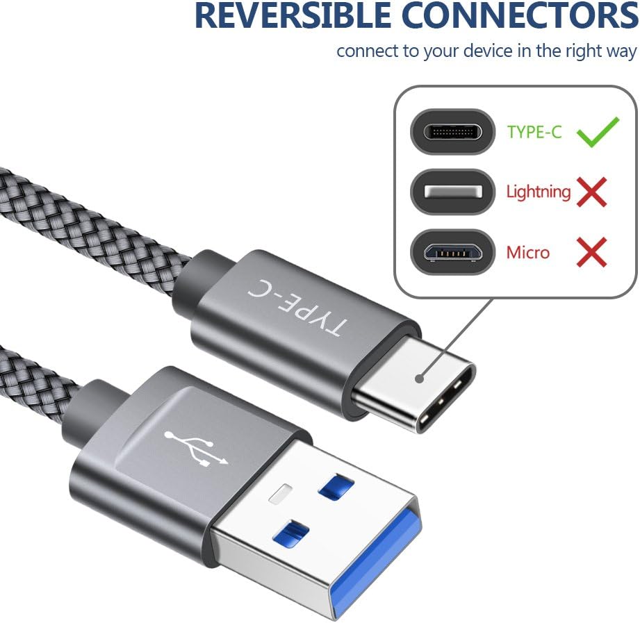 JSAUX USB Type C Cable,(2-Pack 6.6FT)USB A 3.0 to USB-C Fast Charger Nylon Braided Cord compatible Samsung Galaxy S9 S8 Plus Note 9 8,Moto Z Z2,LG V30 V20 G5 G6,Google Pixel 2 XL,Nintendo(Grey&Black)