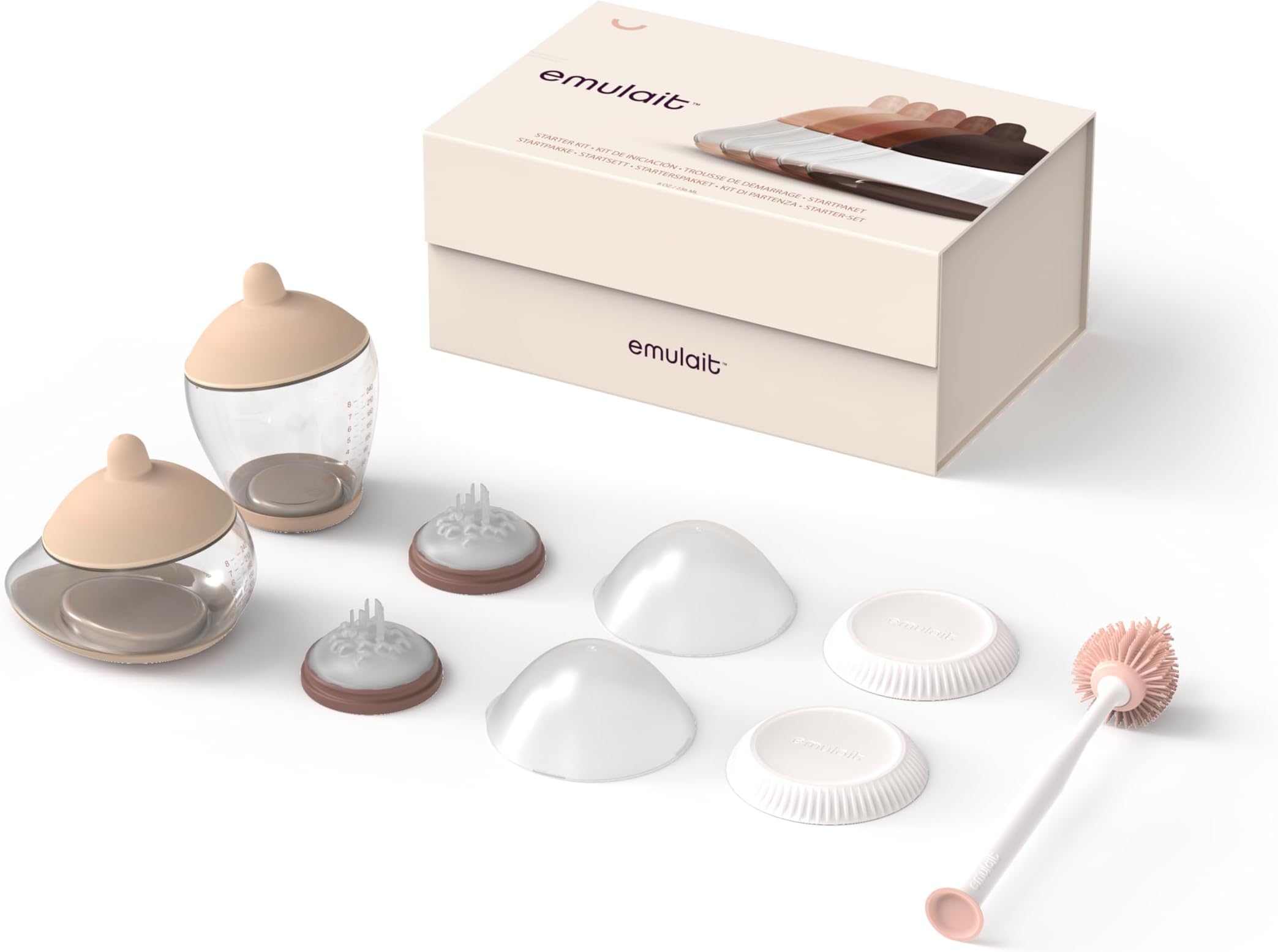 Emulait Baby Bottle Starter Kit Includes 2 Bottles 2 Nipples 2 Caps 2 Lids 2 Responsive Flow Valves, Cleaning Brush - Fair - Shape 2-RFV