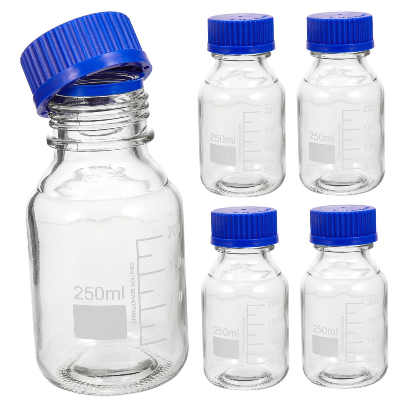 Set da 4 Bottiglie Reagenti in Vetro Blu da 250ml con Tappo a Vite, Leggere e Multiuso per Laboratori e Fabbriche