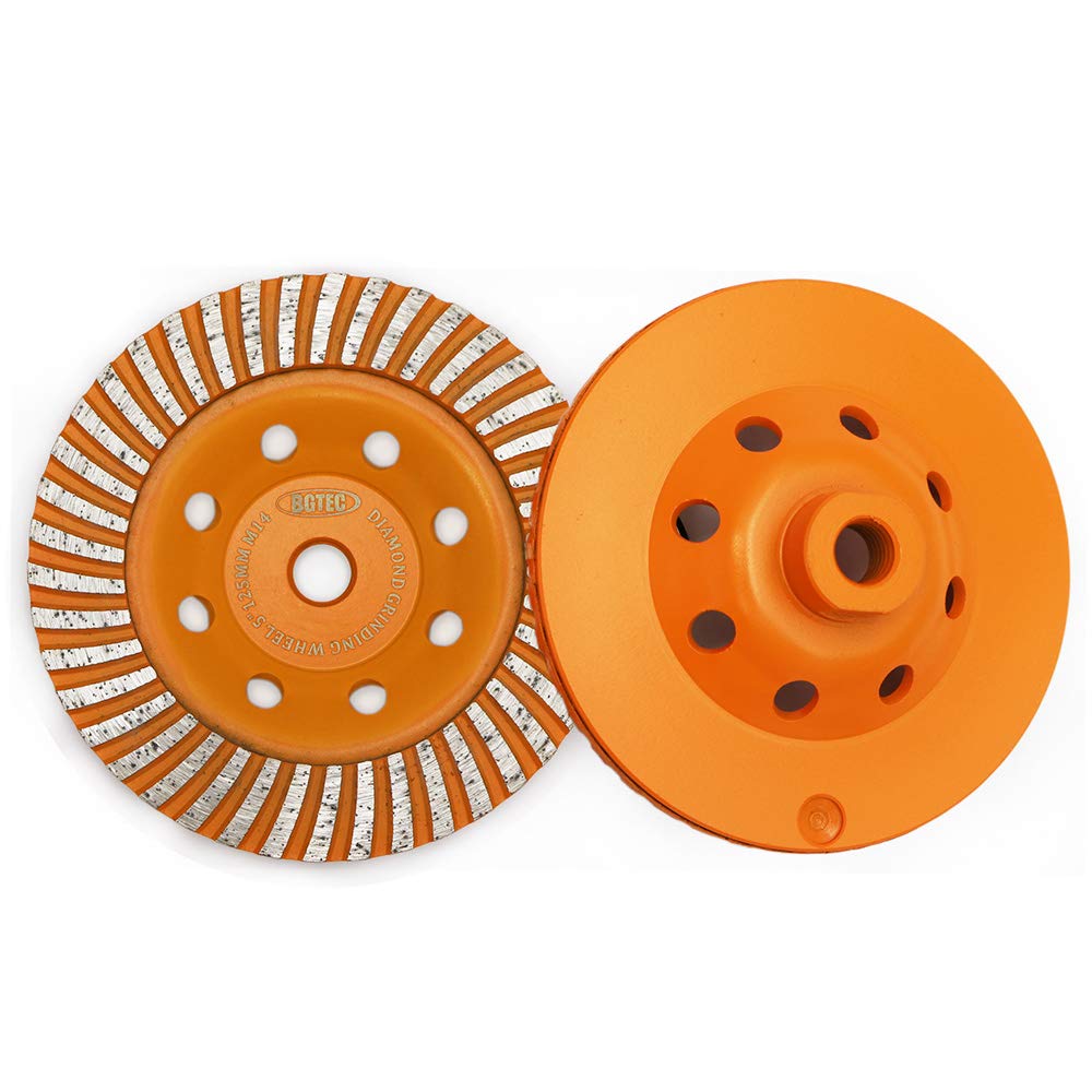 Mola diamantata per superficie a tazza, BGTEC 2 pezzi Disco per smerigliatrice diamantata in cemento Turbo Row da 125 mm con filettatura M14 per smerigliatrice angolare, cemento granito pietra marmo