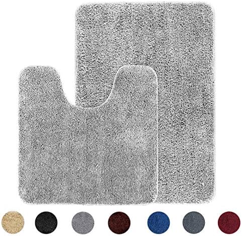 AOACreations Microfiber Shag Bath Rug, Thin Medium Pile Bathroom Mat, Non-Slip, Shaggy Plush, 2 Piece Set, 1 Large 20"x32", 1 Contour 20"x20" (Grey Contour Set)